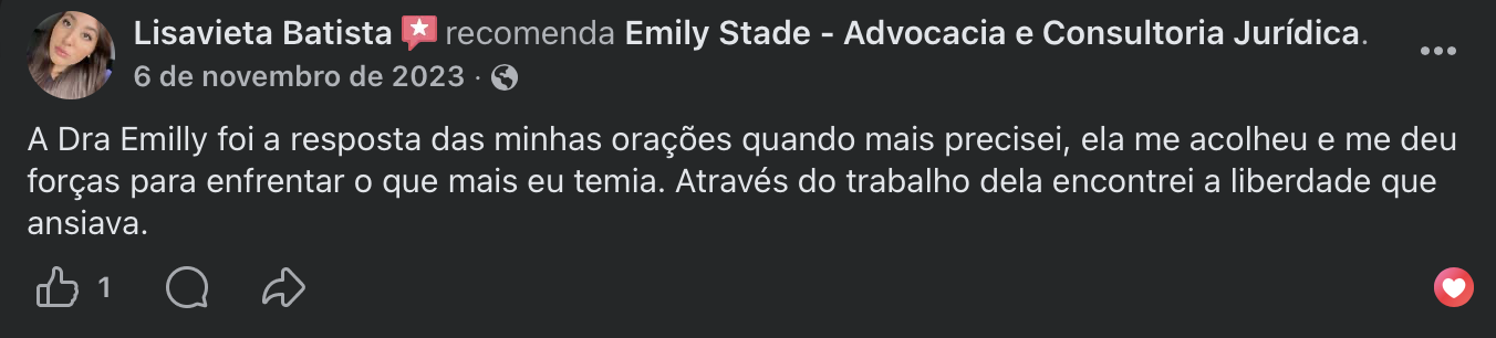Depoimento no Facebook de Lisavieta Batista sobre o acolhimento recebido da Dra. Emily Stade