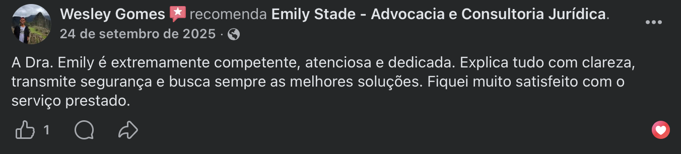 Depoimento no Facebook de Wesley Gomes: 'A Dra. Emily é extremamente competente, atenciosa e dedicada.'